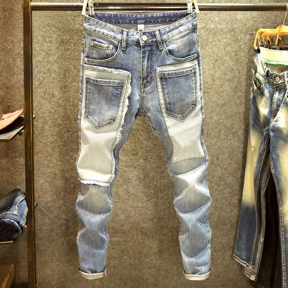 Men denim straight worn hole jeans Europe and America