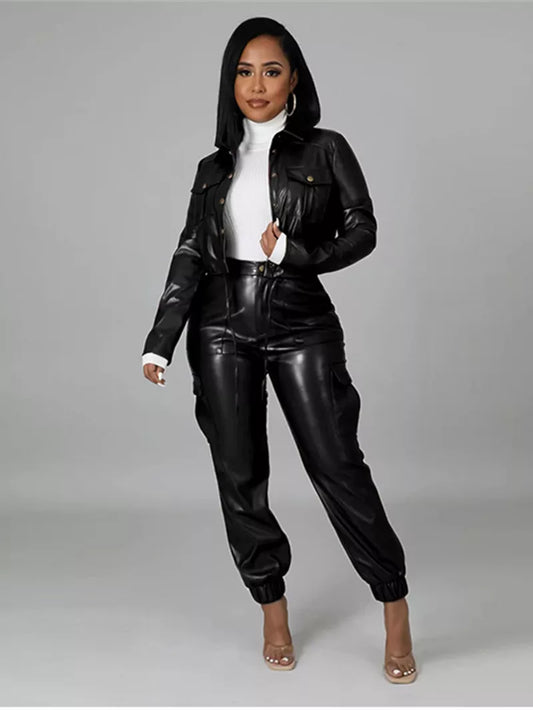 Leather Two 2 Piece Womens Crop Top and Pants Suit PU Leather