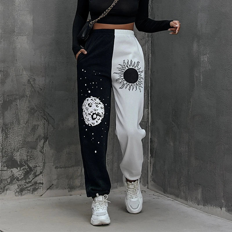 Women's Pants Harajuku Elastic Waist Side Sun Moon Graphic Print