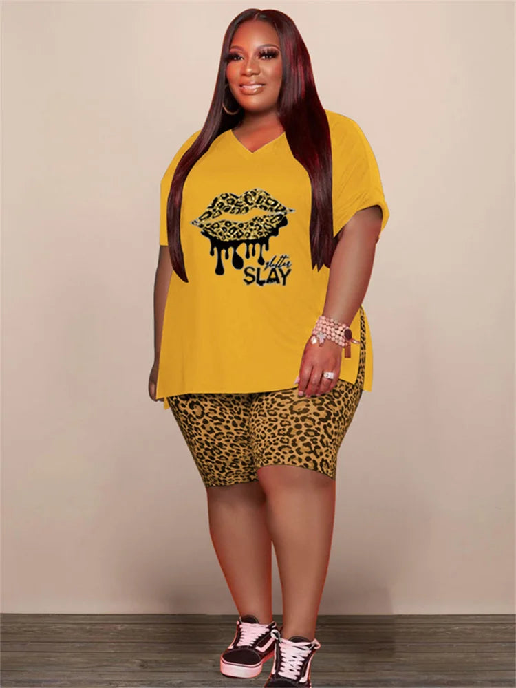 Plus Size Women 2 Piece Printed Top Leopard Shorts