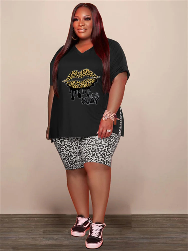 Plus Size Women 2 Piece Printed Top Leopard Shorts