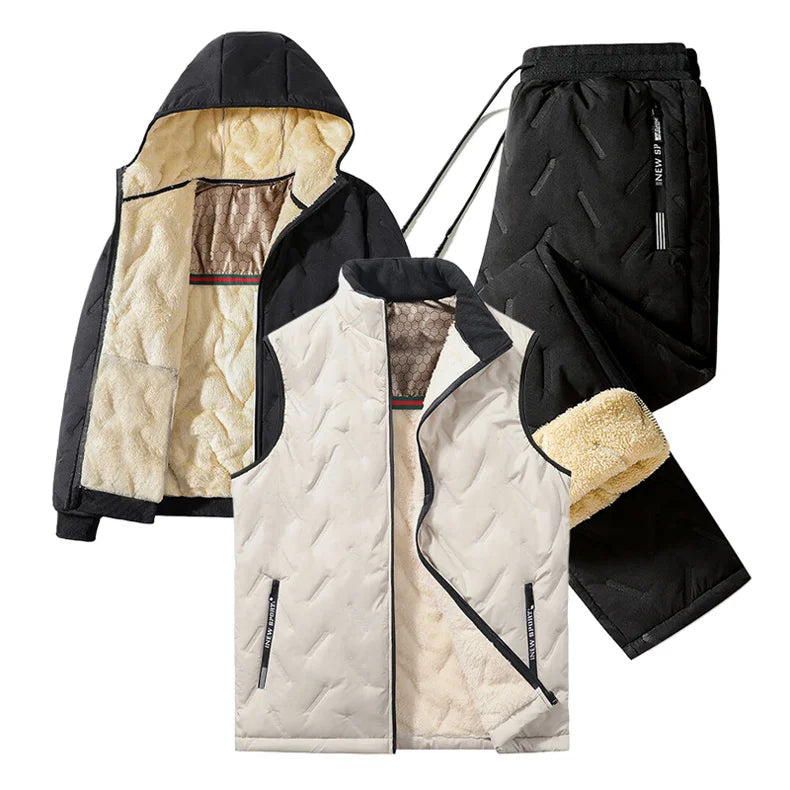 2024 Winter Fleece Lamb Wool Men's Tracksuit 3 Piece Set Warm Vest Jacket Pants