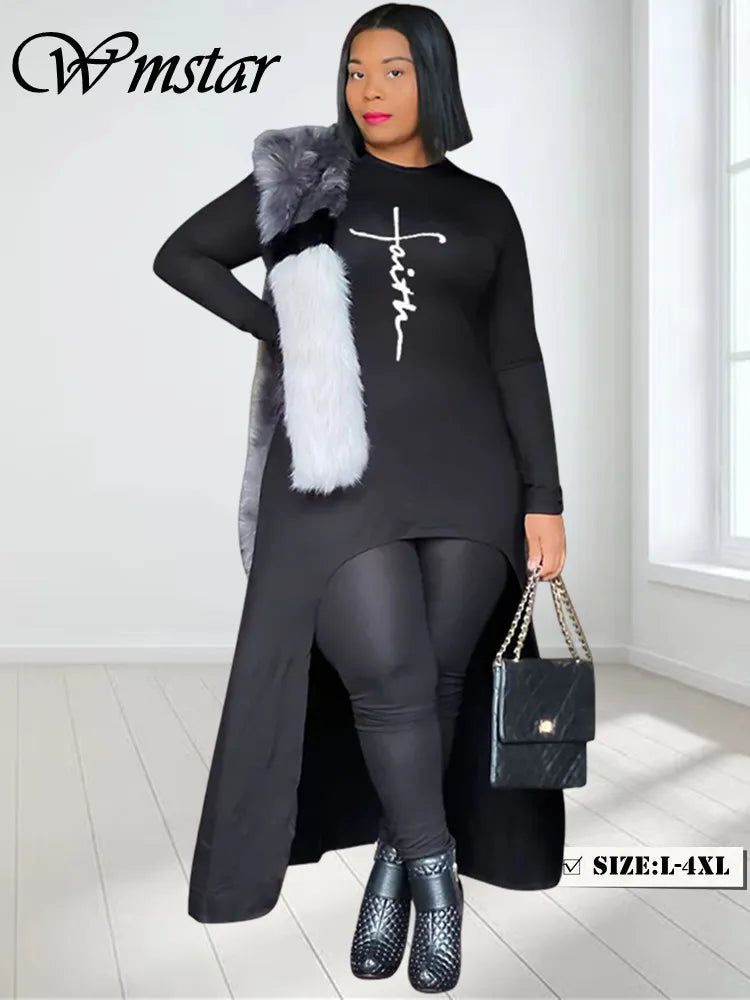 Plus Size Two Piece Long Tops and Leggings Matching Set Stretch