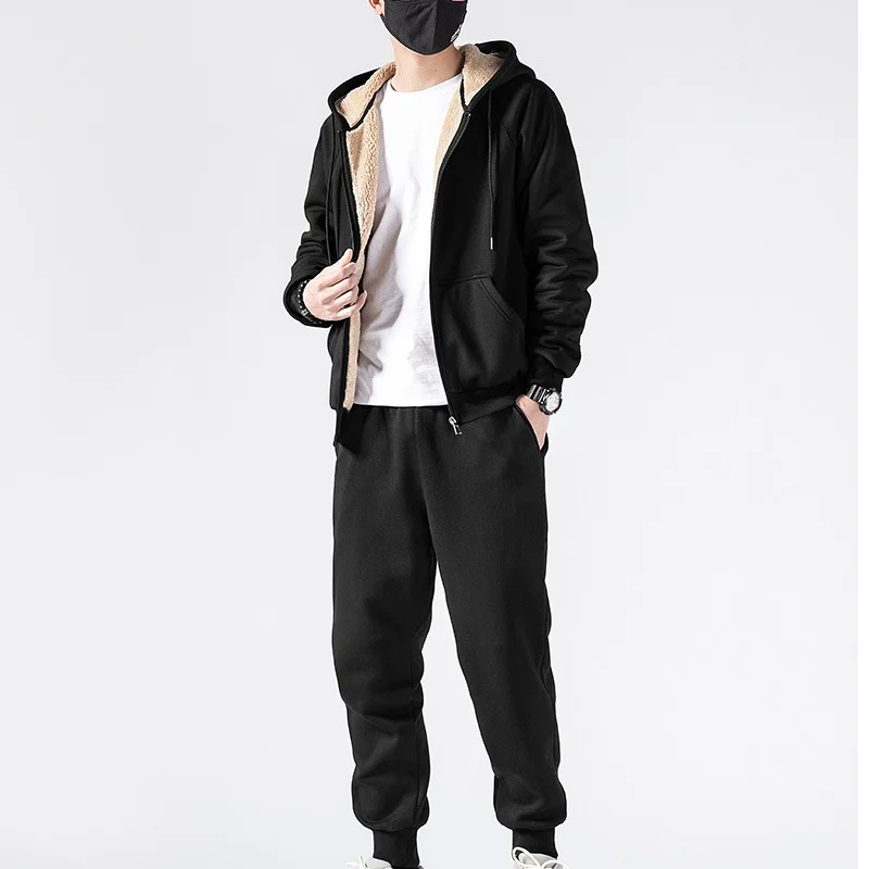 Men's Tracksuit Lamb Cashmere Winter Wool Hooded Tracksuit Sportswear