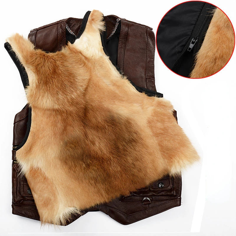 Mens Genuine Leather Cowhide Vest Integrated with Fur Lining