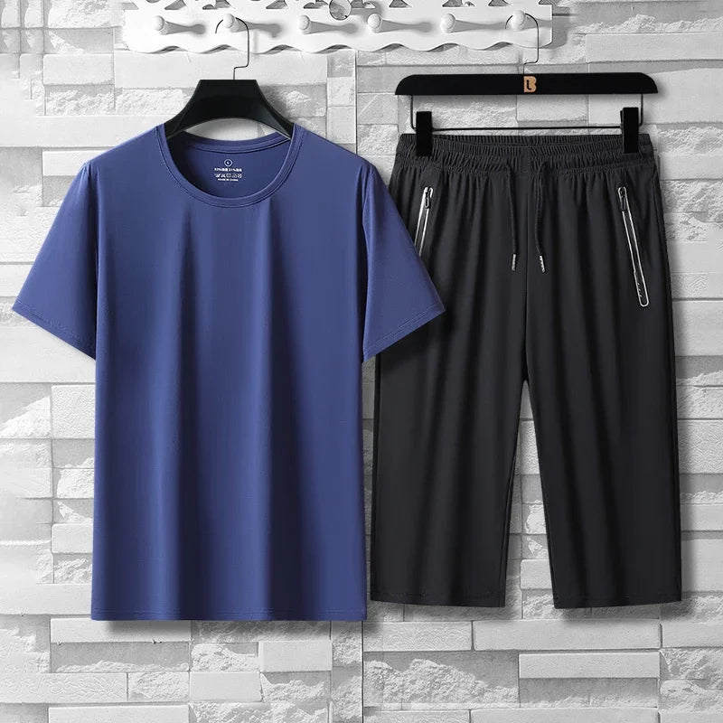 Summer High-quality Ice Silk 7-point Casual long short Pants Set For Men