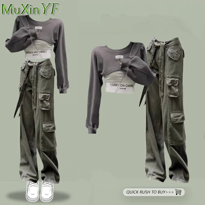 Spring Women's Safari Style Wide Leg Pants Sets Streetwear Outfit