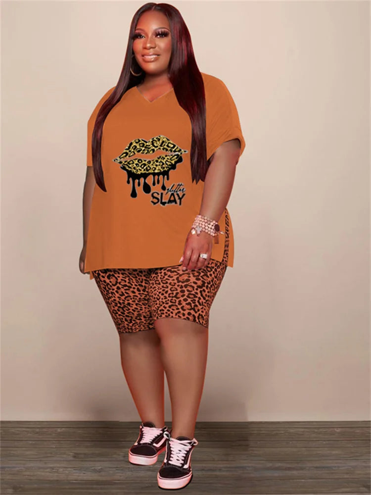 Plus Size Women 2 Piece Printed Top Leopard Shorts