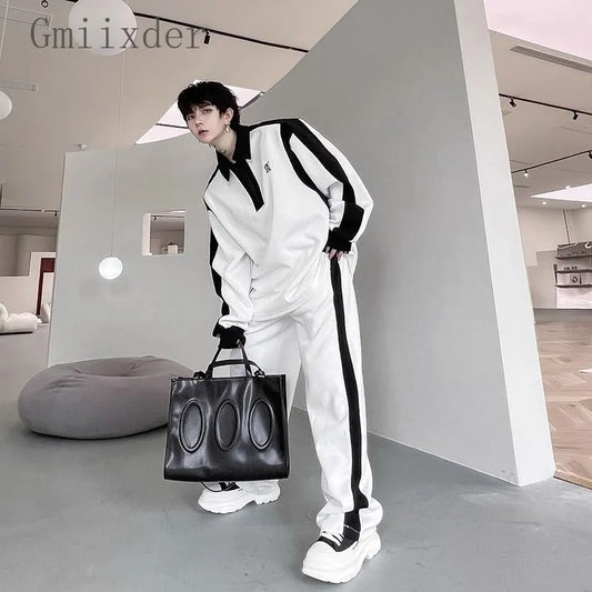 Elegant Black White Two Piece Set Casual Tracksuit