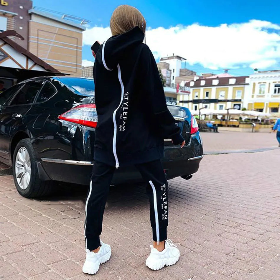 Fashion Women's Long Zipper Front and Back with Letter Printing Loose Long Sweater + Trousers Suit