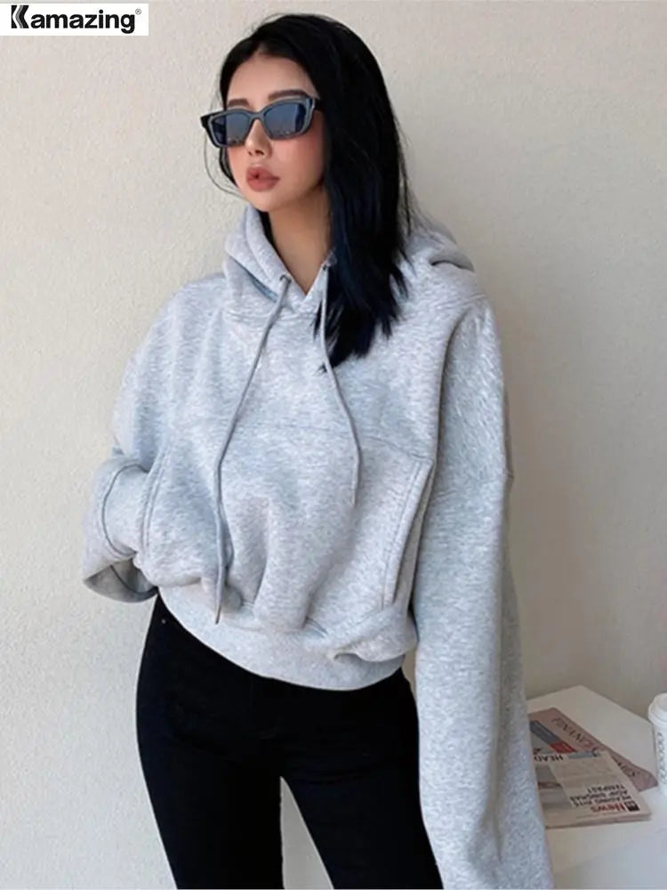 Women Solid Fleece Hoodie Top Loose Pocket Sweatshirtet Casual Pullover