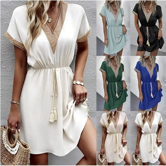 Elegant Women's Dresses Solid Color V-Neck High Waistband Beach Mid Dress