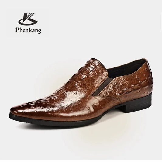 Men Genuine Leather Crocodile Embossed Pattern Slip Ons