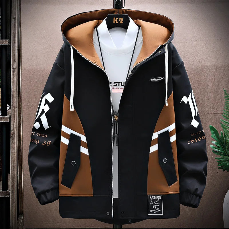 Men's Casual Hooded Jackets Patchwork Windbreaker Streetwear Plus Size