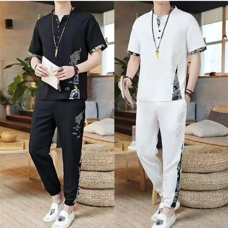 2024 Summer Men's Ice Silk Cool Loose Set Casual Ethnic Style