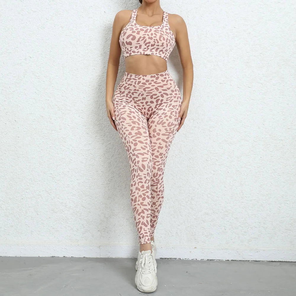 Women Leopard Yoga Set Sportswear Sexy Girl Tracksuit