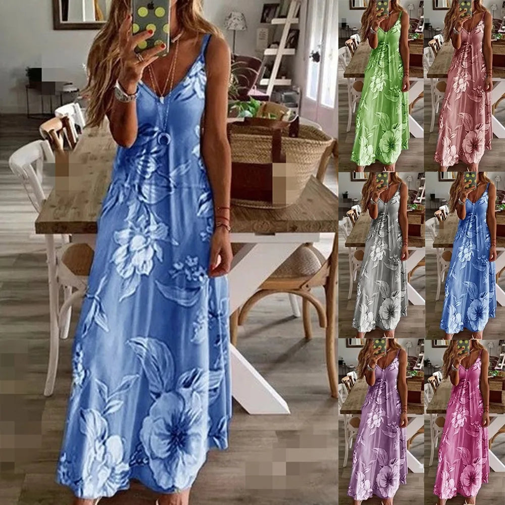 2024  Summer Dress Women Floral Print V-Neck Long Dresses Beach Party