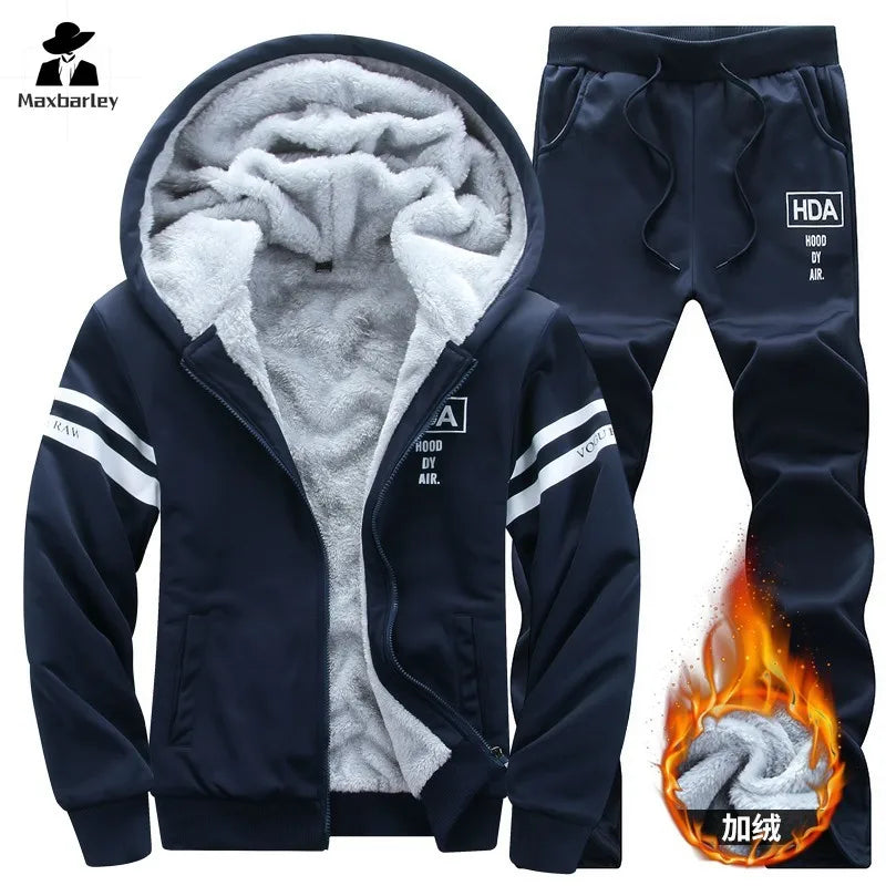 Men Winter Tracksuit Hoodies Casual Thick Fleece Jackets and Pants