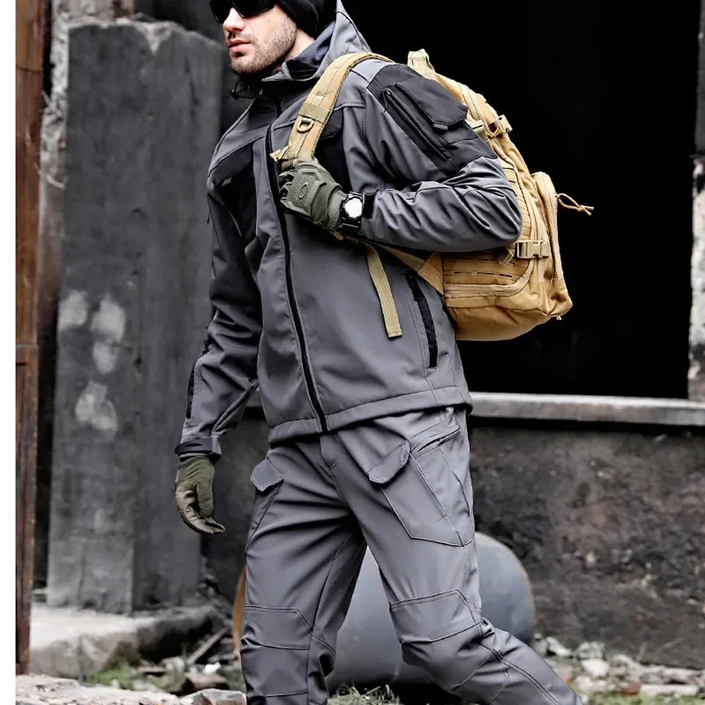 Soft Shell Two Pcs Men Waterproof Hooded Tactical Jackets+Multi-pocket Cargo Pants