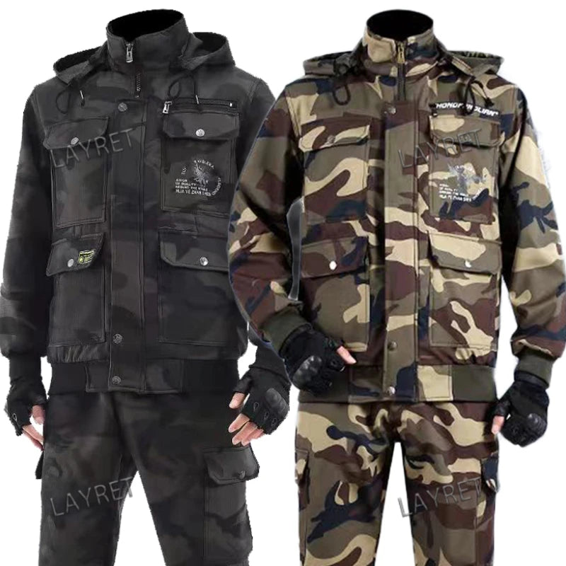 Camouflage Hoodie coat and Pants Set Winter Plush Warm Multi Pocket