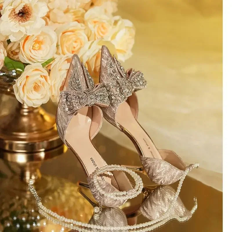 Luxury Women's High Heel Sandals Rhinestone Butterfly Pearl Champagne Party Stelettoes