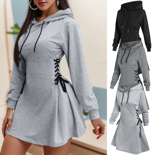 Women Drawstring Lace Up Hoodies Skirt Slim Long Sleeve Autumn