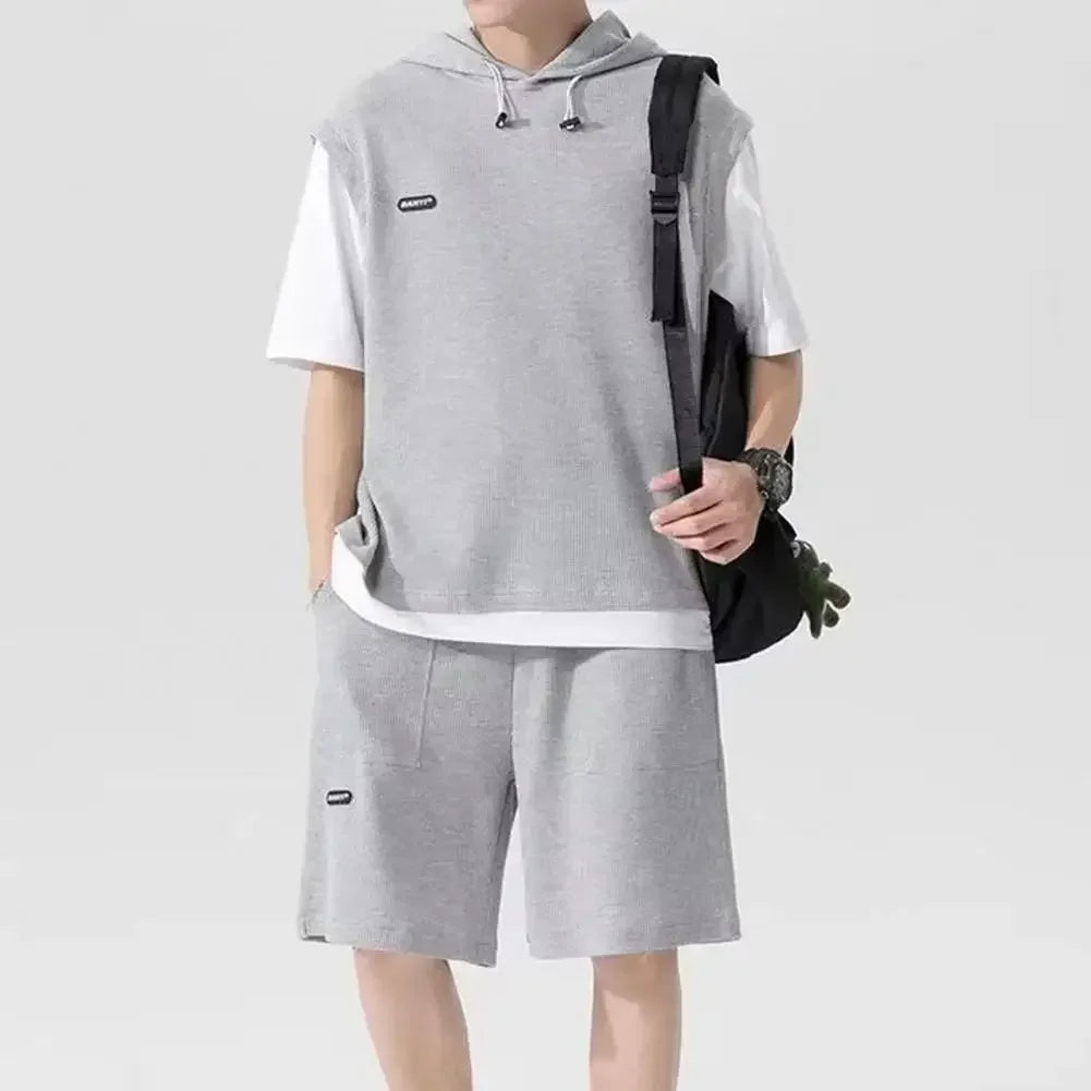 Two Pieces Men's Casual Sports with Hooded Drawstring Top Waffle Texture