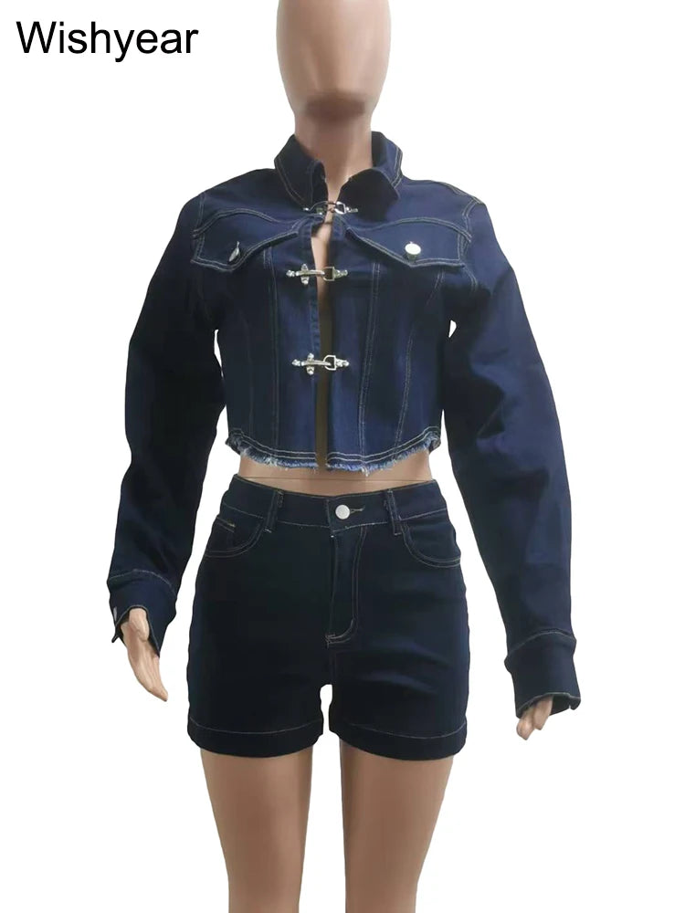 Stretch Denim Two 2 pieces Set Lapel Collar Jacket Tops And Shorts Matching Suits