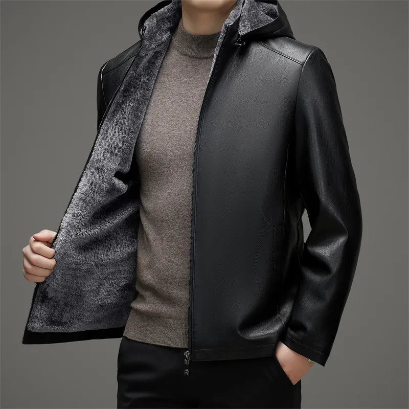 High Quality Stylish Winter Fur-thickened Hooded Leather Jacket