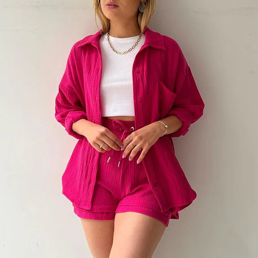 Women's Short Sets Outfits Long Sleeve Clothing Button Down Shirt