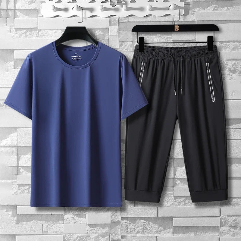 Summer High-quality Ice Silk 7-point Casual long short Pants Set For Men