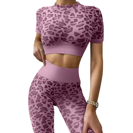 Seamless Leopard Yoga Sets Sports Fitness High Waist Hip-lifting