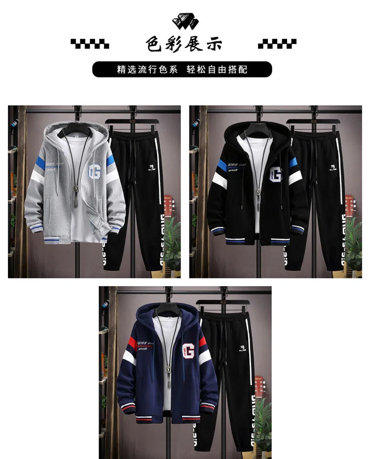 Men's Outdoor Sports 2 Pieces Tracksuit Hooded Sportswear with bold Print