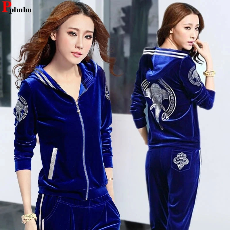 Korean Print Velvet 2 Piece Set Casual Hoodie Women Tracksuit