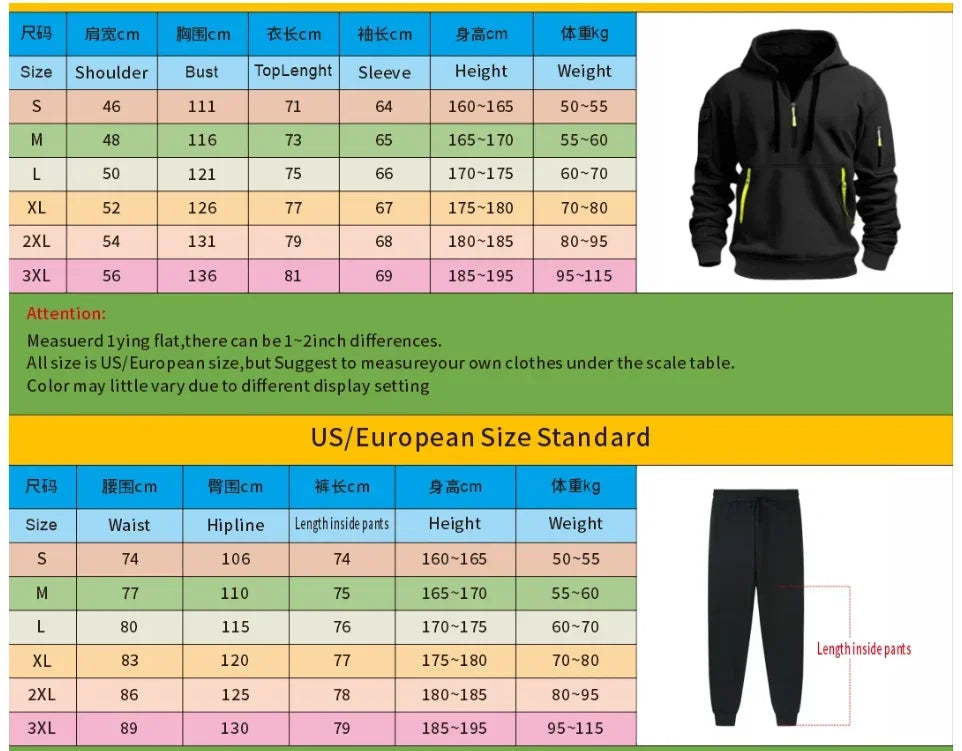 Men's Hoodie + Pants Multi-pocket  half Zipper High Quality Warm Fashion clothing