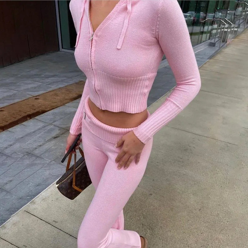 Knitted 2 Piece Women Tracksuit Zipper Hooded Sweater Crop Top Flare Pants