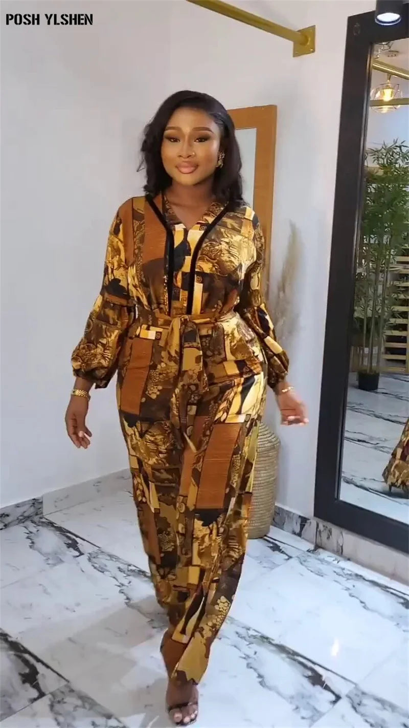 Belted two piece pants set Plus Size Print Fashion