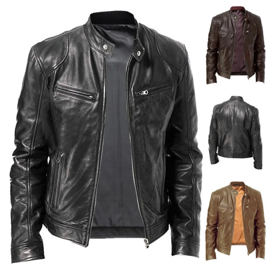 Men's Stand-up Collar Slim Leather Jacket Zipper Pocket