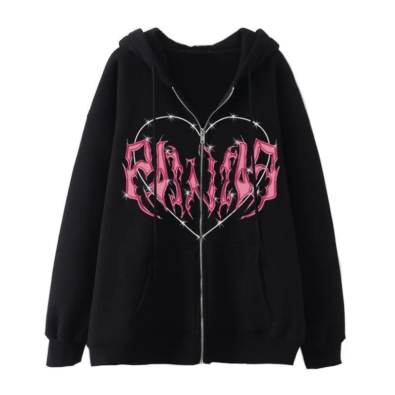 Fashion Y2K Hoodies Women Gothic Black Zip Up Oversized Sweatshirt