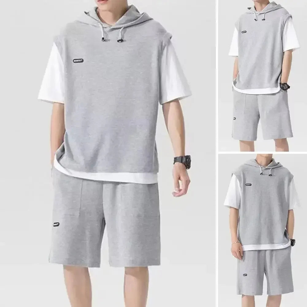 Two Pieces Men's Casual Sports with Hooded Drawstring Top Waffle Texture