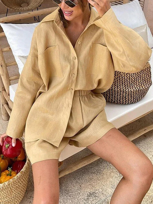 Loose Cotton Linen Suit Long Sleeve Top Oversize Two-piece Outfits 2024