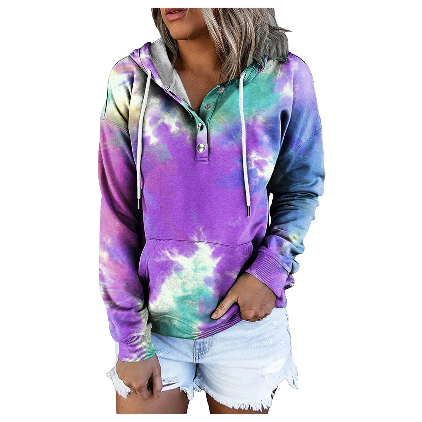 Women's Fashion Sweatshirt Button Pocket Casual tie-dye Loose Hoodies