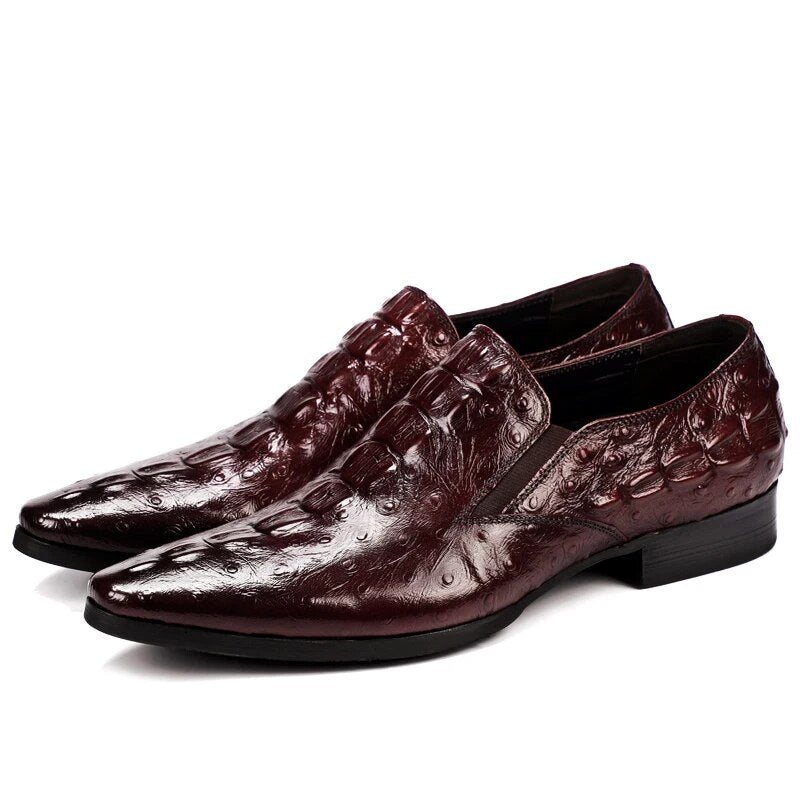 Men Genuine Leather Crocodile Embossed Pattern Slip Ons