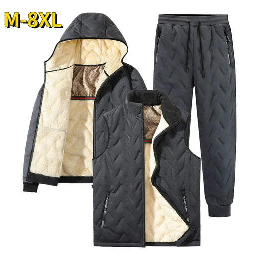 Men;s Fashion Jogger Winter Fleece Warm Hoodie Jacket Vest + Pants 3 Piece