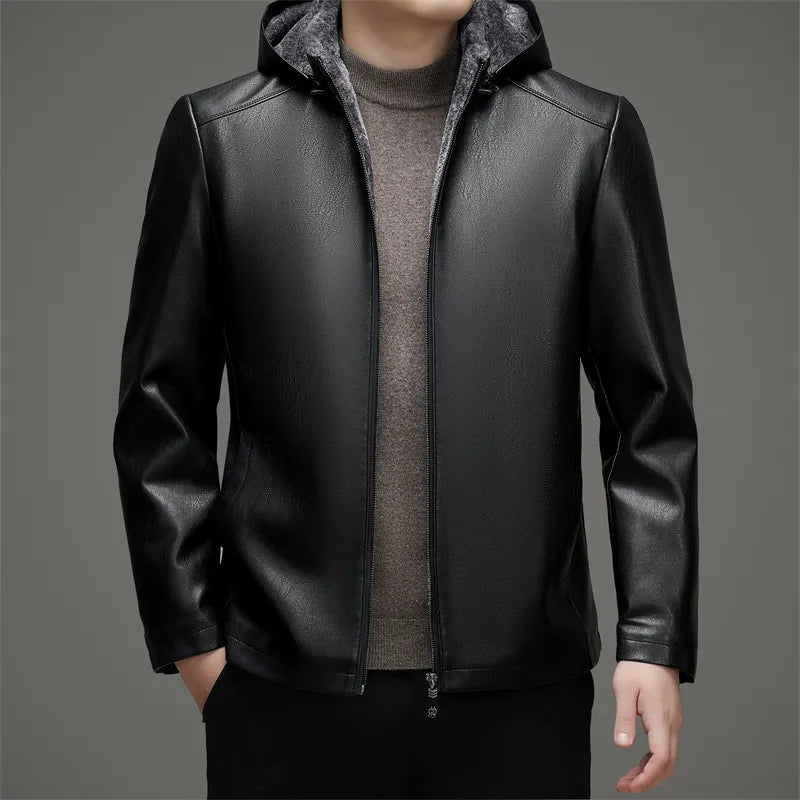 High Quality Stylish Winter Fur-thickened Hooded Leather Jacket