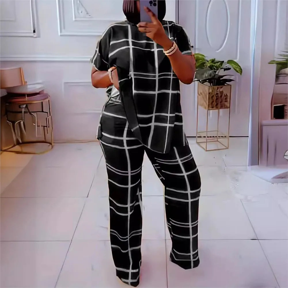 New Fashion Plaid Printed Short Sleeved Shirt Loose Size's  Office Pants 2 Piece Set