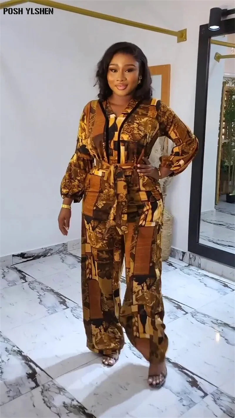 Belted two piece pants set Plus Size Print Fashion