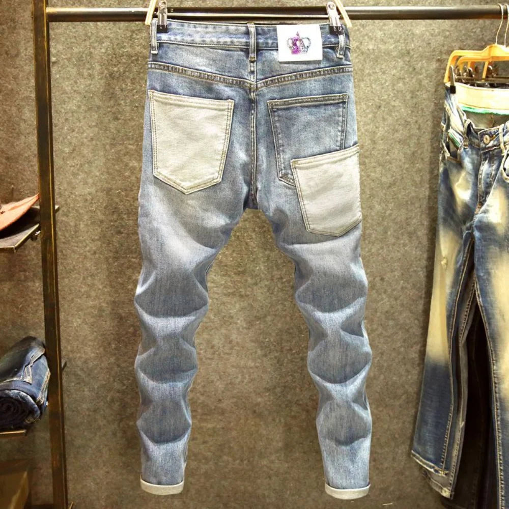 Men denim straight worn hole jeans Europe and America