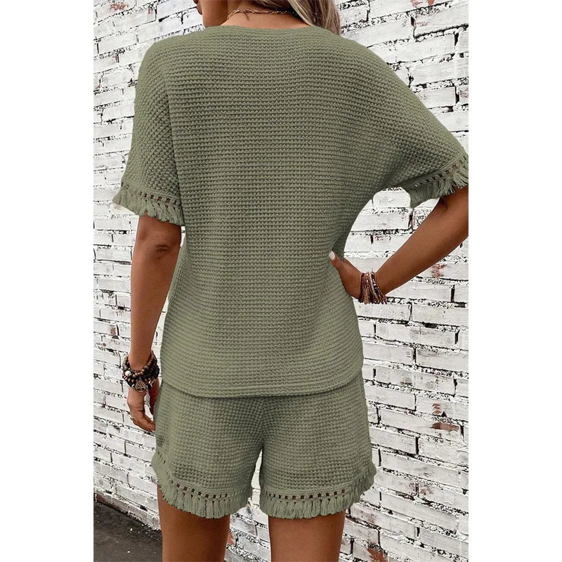 Women Summer New Solid Color Simplicity Round Neck Comfortable Two Piece Set