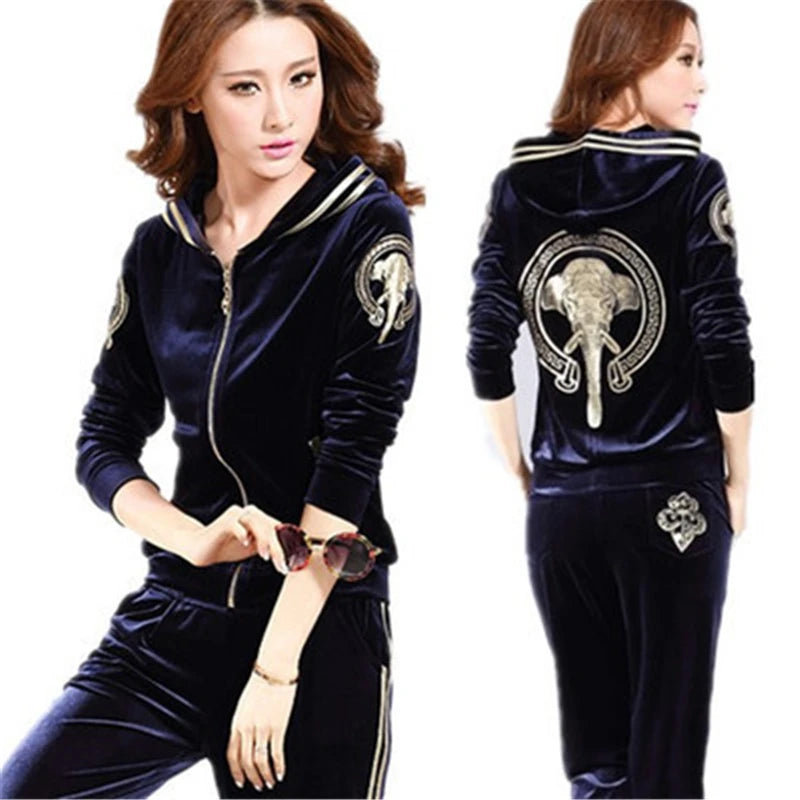 Korean Print Velvet 2 Piece Set Casual Hoodie Women Tracksuit